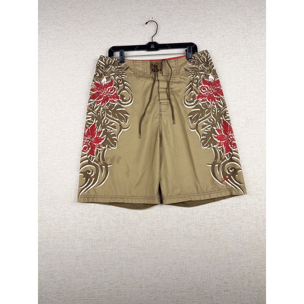 Speedo Mens Board Shorts Tan Red Floral Tribal Print Swim Trunks Size 34 x 8